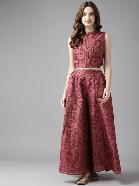 Burgundy Floral Printed Top with Palazzo Pant Set VitansEthnics