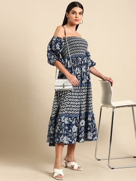 Floral Off Shoulder Smocked Maxi Dress, Indo Western Dress for women, Indian Floral Dress, Off Shoulder Maxi Dress, Summer Prints Dresses VitansEthnics