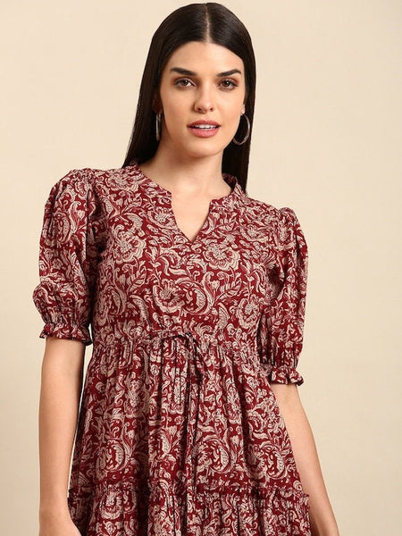 Maroon Floral Print Ethnic A-Line Pure Cotton Midi Dress For Women, Indo Western Dress, Indian Ethnic Dress for women, Fusion Midi Dress VitansEthnics