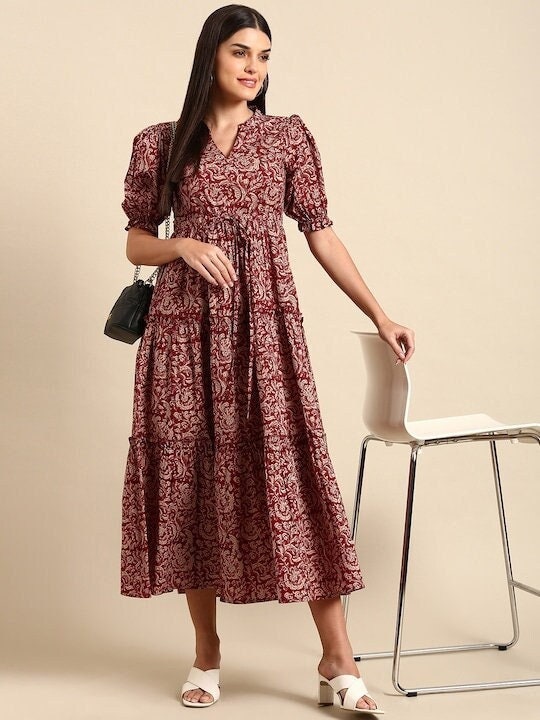 Maroon Floral Print Ethnic A-Line Pure Cotton Midi Dress For Women, Indo Western Dress, Indian Ethnic Dress for women, Fusion Midi Dress VitansEthnics