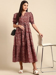 Maroon Floral Print Ethnic A-Line Pure Cotton Midi Dress For Women, Indo Western Dress, Indian Ethnic Dress for women, Fusion Midi Dress VitansEthnics