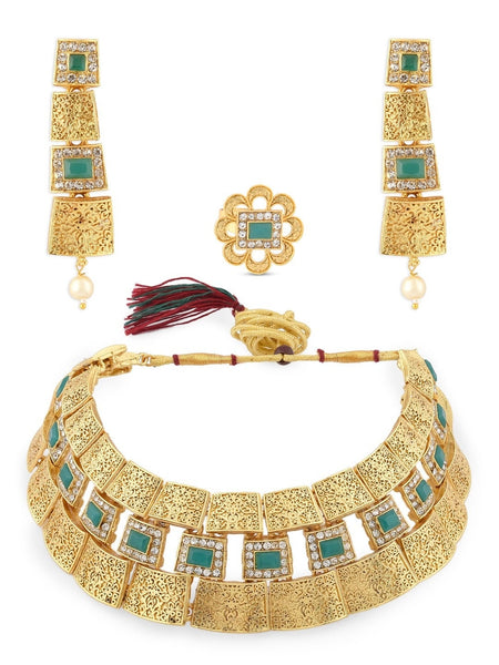 Gold-Toned AD Studded Necklace Set, Indian Jewelry, Motif Necklace Set, Wedding, Bridal Set, Indian Jewellery, Necklace Earrings Ring Set VitansEthnics