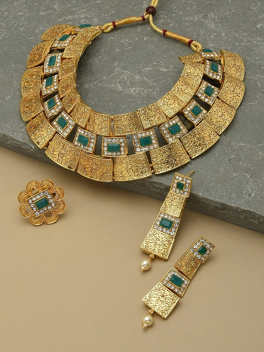 Gold-Toned AD Studded Necklace Set, Indian Jewelry, Motif Necklace Set, Wedding, Bridal Set, Indian Jewellery, Necklace Earrings Ring Set VitansEthnics