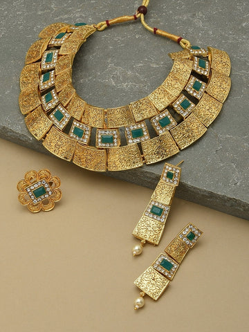 Gold-Toned AD Studded Necklace Set, Indian Jewelry, Motif Necklace Set, Wedding, Bridal Set, Indian Jewellery, Necklace Earrings Ring Set VitansEthnics