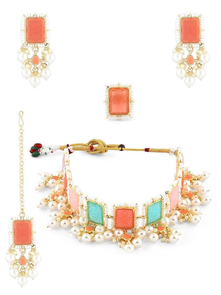 Gold Plated Stone Studded Pearl Beaded Jewellery Set, Indian Jewelry, Wedding, Bridal Set, Indian Necklace Earrings Maangtikka Ring Set VitansEthnics