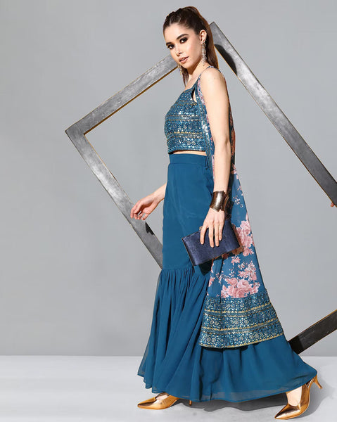 Women Teal Self-Design Top with Solid Sharara, Indo Western Ethnic Set for women, Embroidered Crop top with Sharara and shrug set VitansEthnics