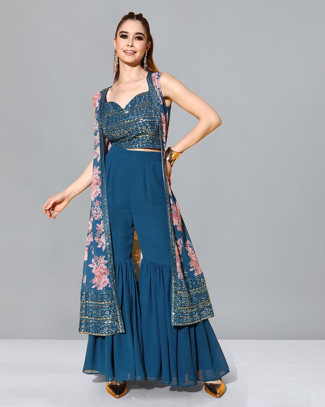 Women Teal Self-Design Top with Solid Sharara, Indo Western Ethnic Set for women, Embroidered Crop top with Sharara and shrug set VitansEthnics