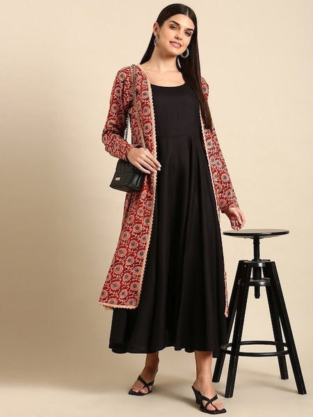 Designer Indian Layered Cotton Maxi Dress, Indian Dress For Women, Printed Indo Western Outfit, Anarkali Dress, Indian Dress With Jacket VitansEthnics