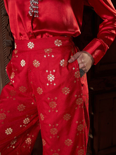 Satin Shirt With Self Design Brocade Palazzo For Women, Palazzo Suit Set, Indo Western Dress, Indian Dress, Pant Suit, Party Wear Fusion Set VitansEthnics