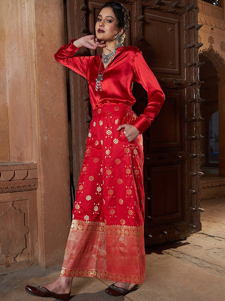 Satin Shirt With Self Design Brocade Palazzo For Women, Palazzo Suit Set, Indo Western Dress, Indian Dress, Pant Suit, Party Wear Fusion Set VitansEthnics
