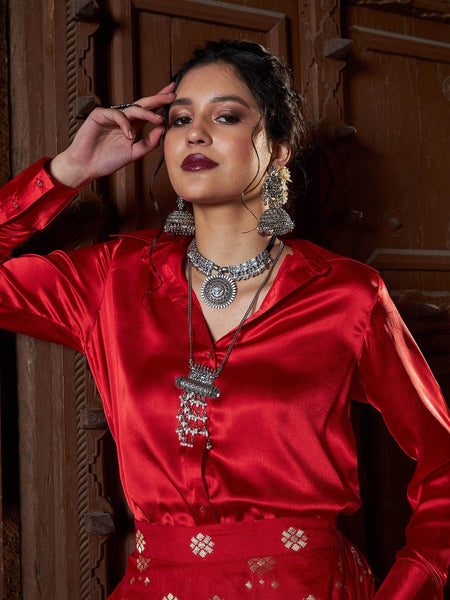 Satin Shirt With Self Design Brocade Palazzo For Women, Palazzo Suit Set, Indo Western Dress, Indian Dress, Pant Suit, Party Wear Fusion Set VitansEthnics