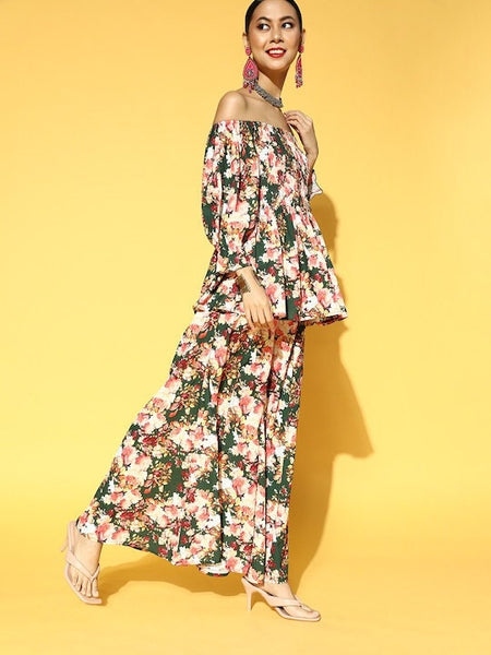 Women Green & White Floral Printed Kurta with Palazzo, Indo Western Outfit, Indian Dress, Sharara Suit Set, Indian Suit Set, Fusion Outfit VitansEthnics