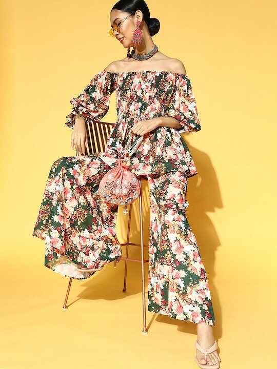 Women Green & White Floral Printed Kurta with Palazzo, Indo Western Outfit, Indian Dress, Sharara Suit Set, Indian Suit Set, Fusion Outfit VitansEthnics