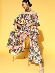 Women Green & White Floral Printed Kurta with Palazzo, Indo Western Outfit, Indian Dress, Sharara Suit Set, Indian Suit Set, Fusion Outfit VitansEthnics