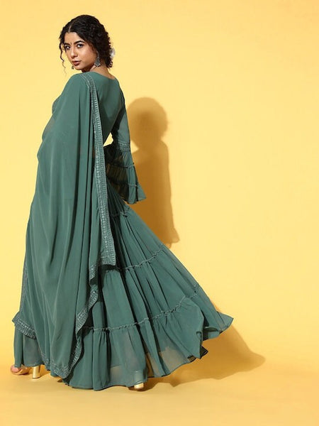 Elegant Green Embroidered Ready to Wear Lehenga Choli with Dupatta, Indo Western Ethnic Set for women, Designer Indian Wedding wear outfit VitansEthnics