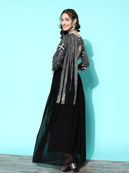 Elegant Black Embroidered Ready to Wear Lehenga Choli with Dupatta, Indo Western Ethnic Set for women, Designer Indian Wedding wear outfit VitansEthnics