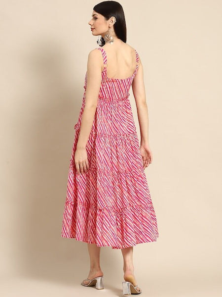 Pink & White Leheriya Printed Ruffle Pure Cotton Tiered A-Line Midi Dress For Women, Indo Western Dress, Indian Dress, Fusion Midi Dress VitansEthnics