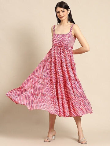 Pink & White Leheriya Printed Ruffle Pure Cotton Tiered A-Line Midi Dress For Women, Indo Western Dress, Indian Dress, Fusion Midi Dress VitansEthnics