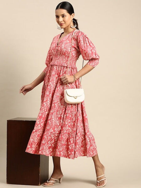 Floral Printed Smocked Fit & Flare Puff Sleeves Maxi Dress For Women, Indo Western Dress, Indian Dress, Fusion Midi Dress VitansEthnics
