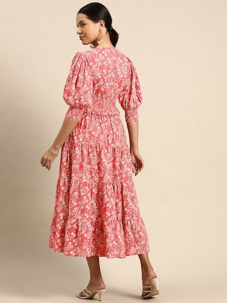 Floral Printed Smocked Fit & Flare Puff Sleeves Maxi Dress For Women, Indo Western Dress, Indian Dress, Fusion Midi Dress VitansEthnics