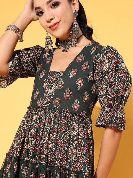 Designer Floral Printed Tiered Pure Cotton Kurta with Trousers For Women, Indo Western Outfit, Indian Dress For Women, Indian Suit Set VitansEthnics
