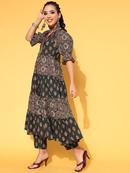 Designer Floral Printed Tiered Pure Cotton Kurta with Trousers For Women, Indo Western Outfit, Indian Dress For Women, Indian Suit Set VitansEthnics