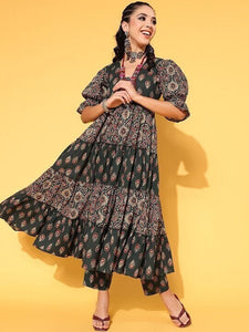 Designer Floral Printed Tiered Pure Cotton Kurta with Trousers For Women, Indo Western Outfit, Indian Dress For Women, Indian Suit Set VitansEthnics