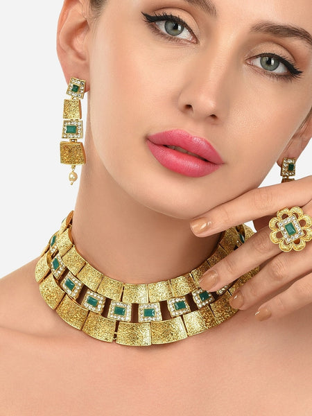 Gold-Toned AD Studded Necklace Set, Indian Jewelry, Motif Necklace Set, Wedding, Bridal Set, Indian Jewellery, Necklace Earrings Ring Set VitansEthnics