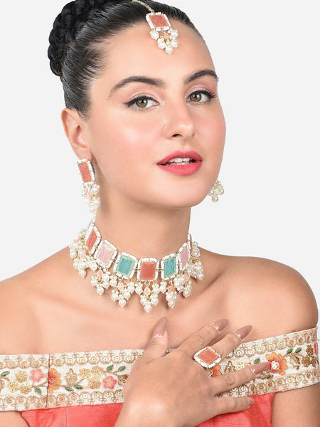 Gold Plated Stone Studded Pearl Beaded Jewellery Set, Indian Jewelry, Wedding, Bridal Set, Indian Necklace Earrings Maangtikka Ring Set VitansEthnics