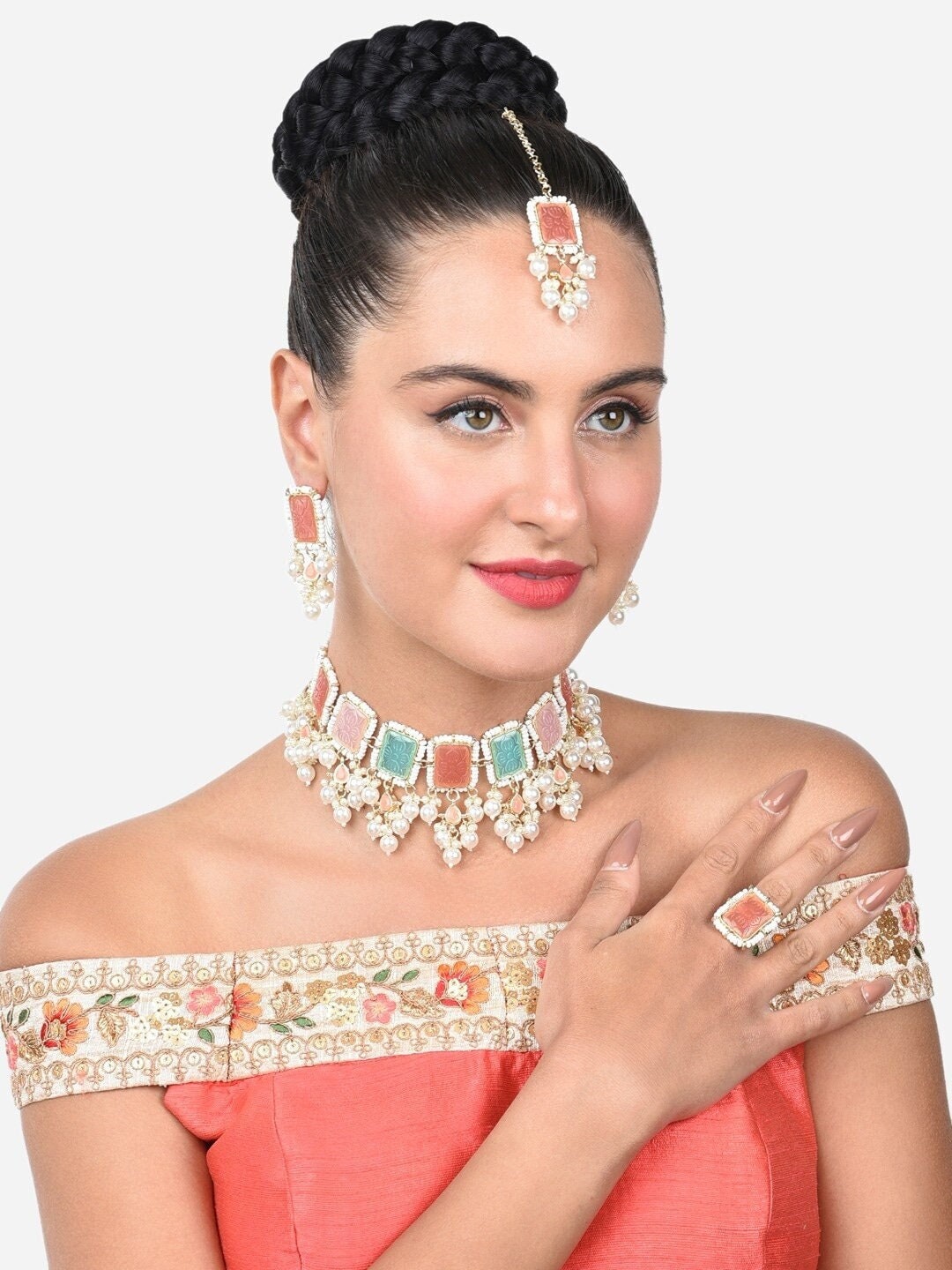 Gold Plated Stone Studded Pearl Beaded Jewellery Set, Indian Jewelry, Wedding, Bridal Set, Indian Necklace Earrings Maangtikka Ring Set VitansEthnics