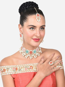 Gold Plated Stone Studded Pearl Beaded Jewellery Set, Indian Jewelry, Wedding, Bridal Set, Indian Necklace Earrings Maangtikka Ring Set VitansEthnics