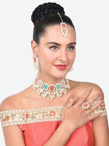 Gold Plated Stone Studded Pearl Beaded Jewellery Set, Indian Jewelry, Wedding, Bridal Set, Indian Necklace Earrings Maangtikka Ring Set VitansEthnics