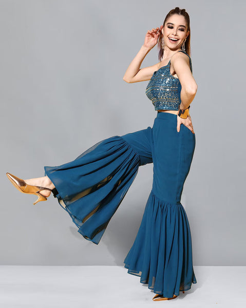 Women Teal Self-Design Top with Solid Sharara, Indo Western Ethnic Set for women, Embroidered Crop top with Sharara and shrug set VitansEthnics