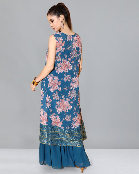 Women Teal Self-Design Top with Solid Sharara, Indo Western Ethnic Set for women, Embroidered Crop top with Sharara and shrug set VitansEthnics