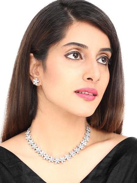 Silver-Plated White American Diamond Studded Handcrafted Floral Jewellery Set, Indian Necklace With Earrings Set, Bollywood Jewelry Set VitansEthnics
