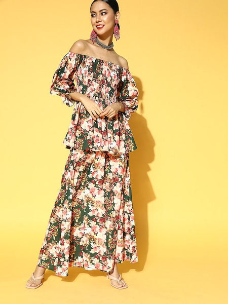 Women Green & White Floral Printed Kurta with Palazzo, Indo Western Outfit, Indian Dress, Sharara Suit Set, Indian Suit Set, Fusion Outfit VitansEthnics