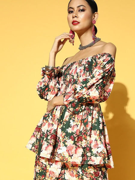 Women Green & White Floral Printed Kurta with Palazzo, Indo Western Outfit, Indian Dress, Sharara Suit Set, Indian Suit Set, Fusion Outfit VitansEthnics