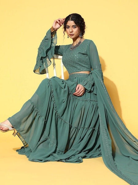 Elegant Green Embroidered Ready to Wear Lehenga Choli with Dupatta, Indo Western Ethnic Set for women, Designer Indian Wedding wear outfit VitansEthnics