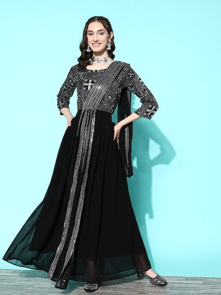 Elegant Black Embroidered Ready to Wear Lehenga Choli with Dupatta, Indo Western Ethnic Set for women, Designer Indian Wedding wear outfit VitansEthnics
