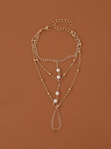 Women White Pearls Gold-Plated Multi Stranded Ring Bracelet, Bracelet With Attached Ring, Indian Jewellery, Bracelet Ring Set VitansEthnics