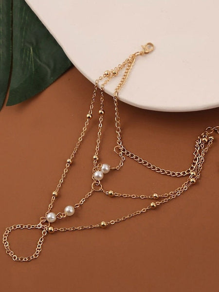 Women White Pearls Gold-Plated Multi Stranded Ring Bracelet, Bracelet With Attached Ring, Indian Jewellery, Bracelet Ring Set VitansEthnics