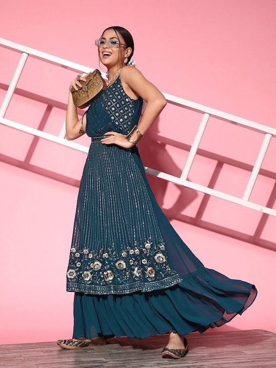 knee length dresses for ladies Women Long Flare Dress with Dupatta Drape