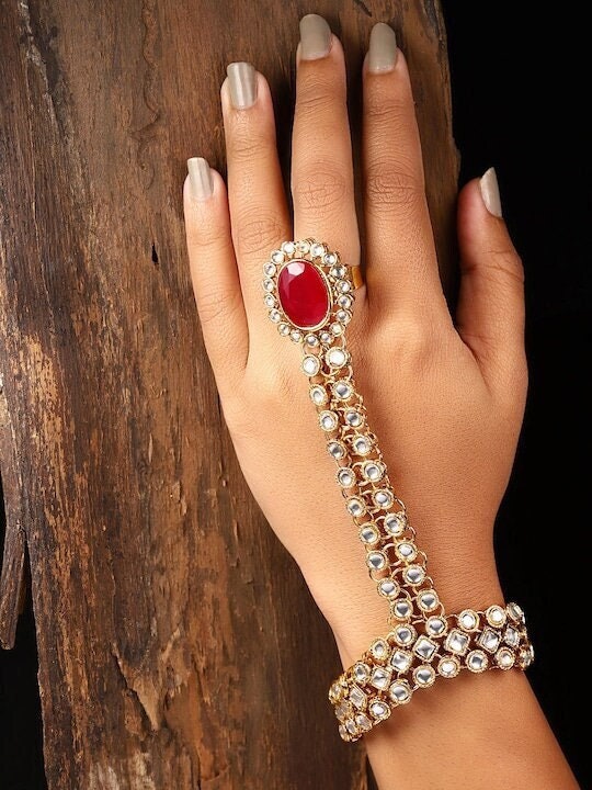 Women Gold-Toned & Red Kundan Ring Bracelet, Hand harness For Women, Haath Phool, Bracelet With Adjustable Ring, Indian Traditional Bracelet VitansEthnics