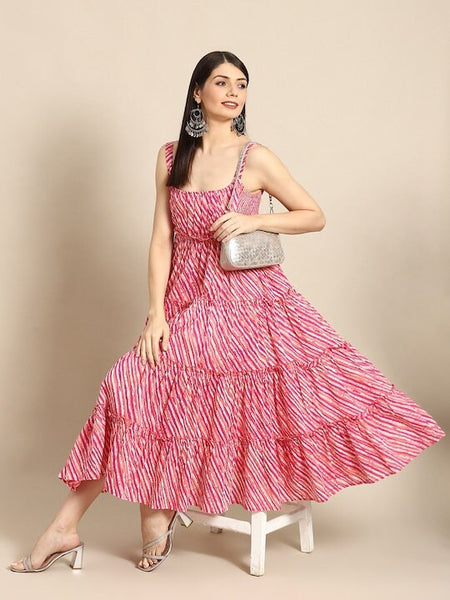 Pink & White Leheriya Printed Ruffle Pure Cotton Tiered A-Line Midi Dress For Women, Indo Western Dress, Indian Dress, Fusion Midi Dress VitansEthnics