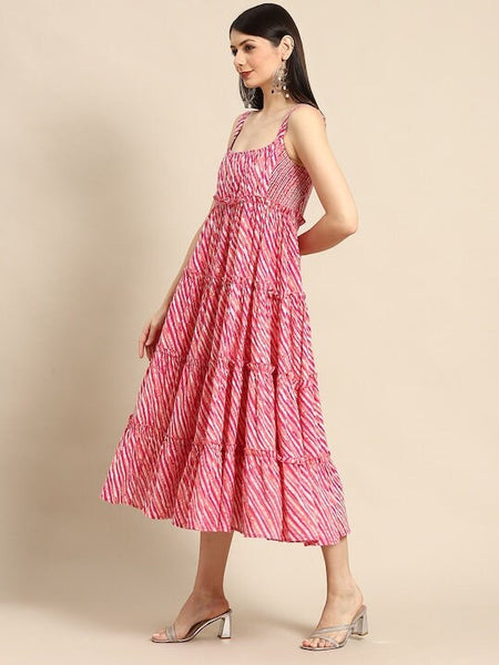 Pink & White Leheriya Printed Ruffle Pure Cotton Tiered A-Line Midi Dress For Women, Indo Western Dress, Indian Dress, Fusion Midi Dress VitansEthnics