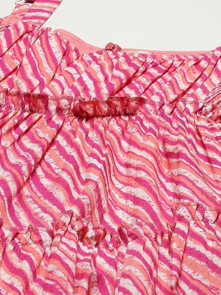 Pink & White Leheriya Printed Ruffle Pure Cotton Tiered A-Line Midi Dress For Women, Indo Western Dress, Indian Dress, Fusion Midi Dress VitansEthnics
