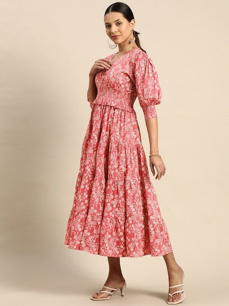 Floral Printed Smocked Fit & Flare Puff Sleeves Maxi Dress For Women, Indo Western Dress, Indian Dress, Fusion Midi Dress VitansEthnics