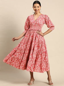 Floral Printed Smocked Fit & Flare Puff Sleeves Maxi Dress For Women, Indo Western Dress, Indian Dress, Fusion Midi Dress VitansEthnics