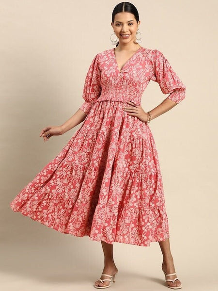 Floral Printed Smocked Fit & Flare Puff Sleeves Maxi Dress For Women, Indo Western Dress, Indian Dress, Fusion Midi Dress VitansEthnics