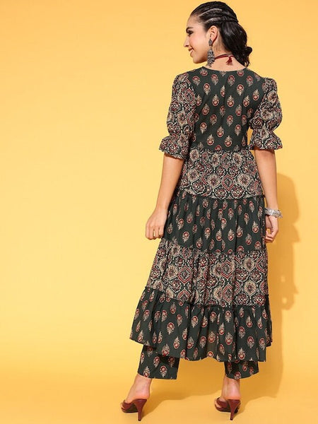 Designer Floral Printed Tiered Pure Cotton Kurta with Trousers For Women, Indo Western Outfit, Indian Dress For Women, Indian Suit Set VitansEthnics